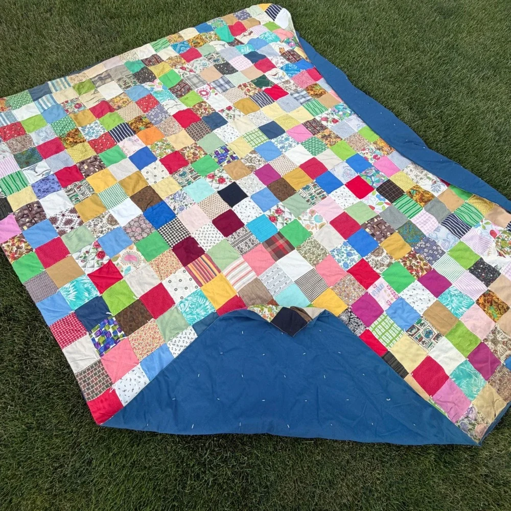 Vintage Handmade Patchwork Tied Quilt Multi Color Scrappy Boho Farmhouse 88x102